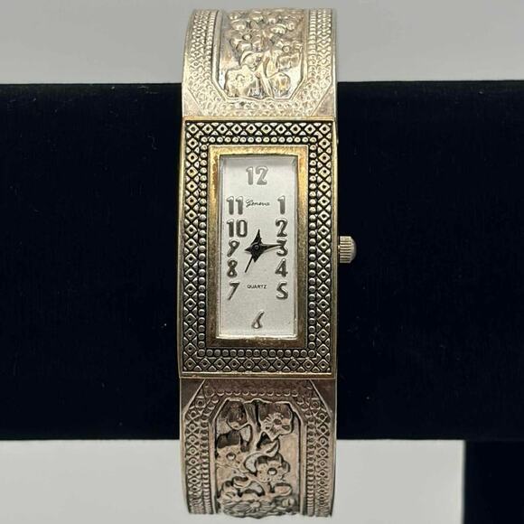 Silver & Gold Floral Geneva Cuff Watch - Picture 1 of 4